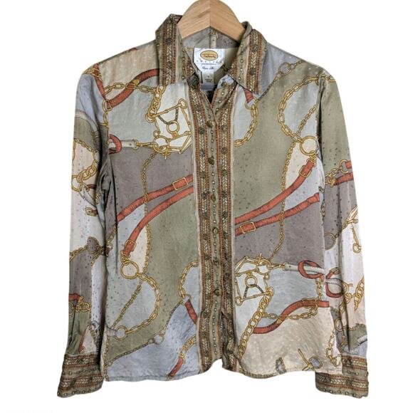 Talbots Petites Pure Silk Gold Button Up Blouse Women Size 4 Equestrian Chain - Picture 1 of 12